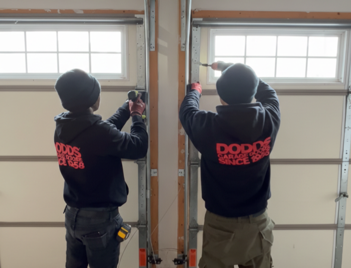 Professional Dodds Garage Doors technicians performing a garage door spring and track repair.