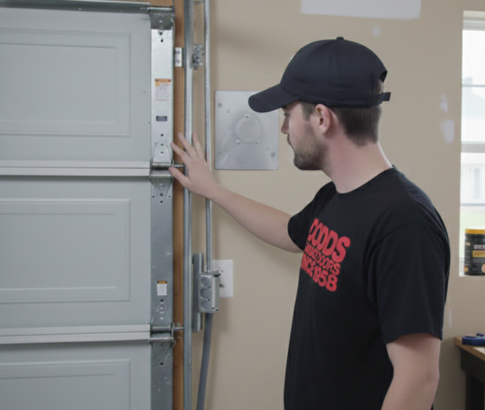 Professional Dodds Garage Doors technician inspecting a residential garage door track and hinges in Waterloo.