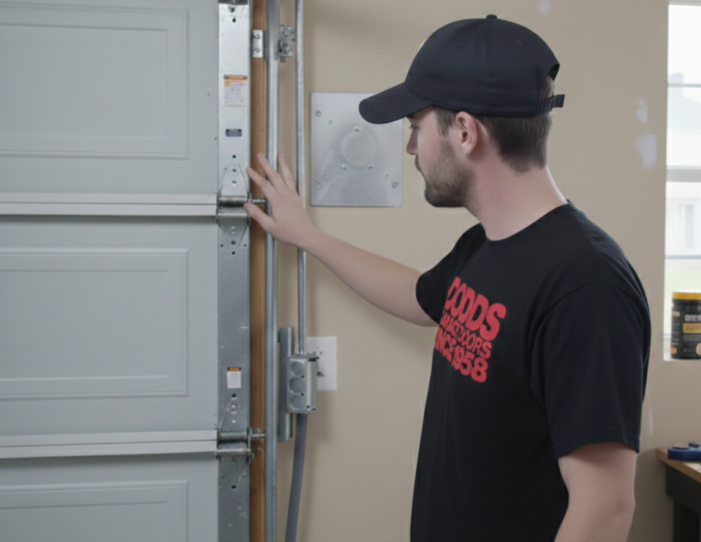 A Dodds Garage Doors technician performing a safety inspection and repair on a residential garage door track.