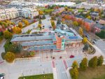 Aerial view of residential and commercial buildings in Aurora, Ontario, highlighting the Dodds Garage Doors service area.