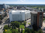 Aerial view of downtown Oshawa skyline highlighting the local service area for Dodds Garage Doors.
