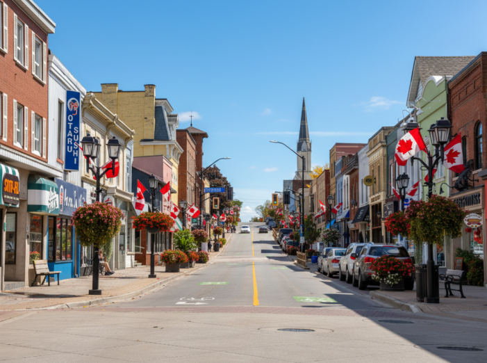 Historic Main Street in downtown Newmarket, Ontario, featuring local shops and Canadian flags—proudly served by Dodds Garage Doors.