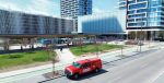 Dodds Garage Doors service truck parked near Transit City condos in Vaughan, providing residential garage door repairs.