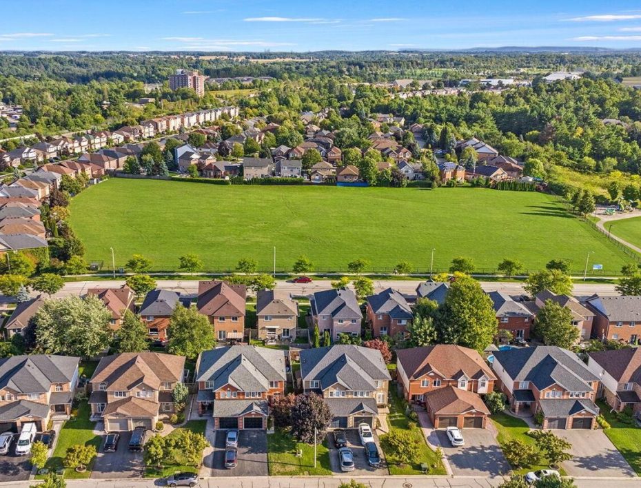 Aerial view of a suburban residential neighborhood in Georgetown Ontario near green space.