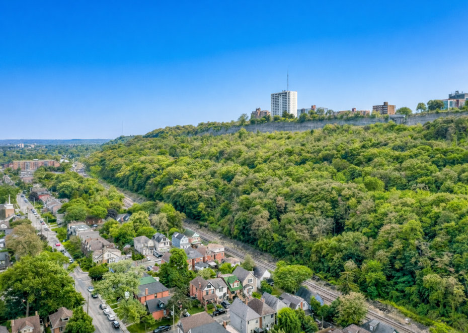 Scenic view of the Niagara Escarpment, locally known as the Hamilton Mountain, overlooking the city.