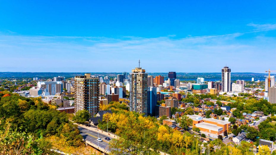 Panoramic view of the Hamilton Ontario downtown skyline and Lower City residential areas.