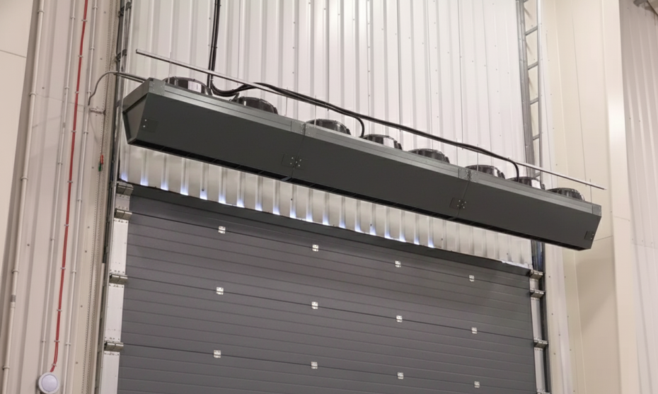 A black heavy-duty commercial air curtain with visible intake fans installed above a metal ribbed warehouse exterior door.