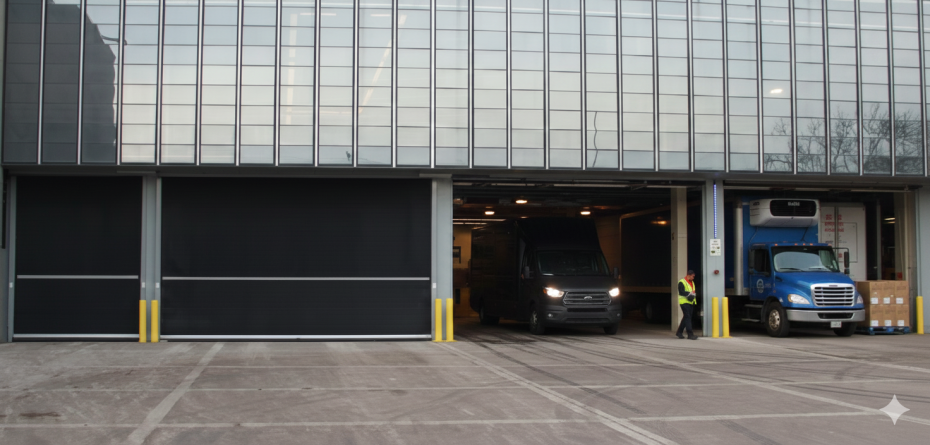 High-speed rubber garage door for a Toronto condo parking level, featuring fast-acting operation to improve security and traffic flow.