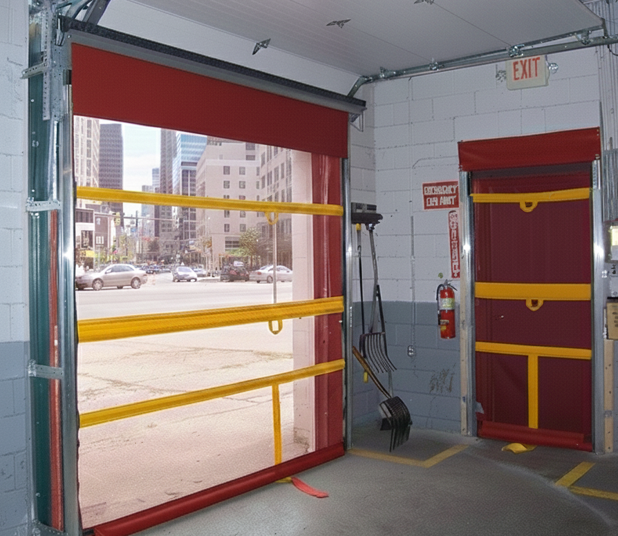 Interior view of a high-visibility red and yellow mesh insect screen door for commercial garages, allowing airflow into a workspace.
