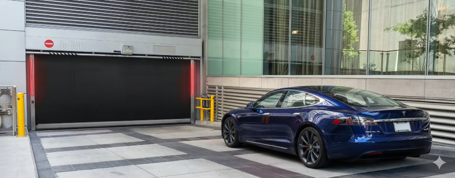 Durable high-speed rubber overhead door designed for industrial efficiency in Ontario warehouses and high-traffic condo parking garages to reduce air loss and improve climate control.