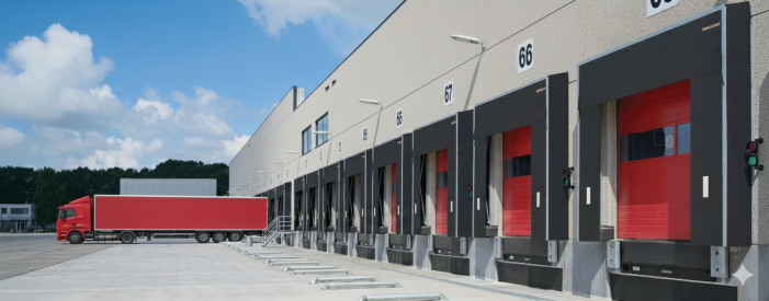 Frame-style industrial dock shelters installed at multiple warehouse bays to allow flexible trailer access while protecting against harsh Ontario weather.