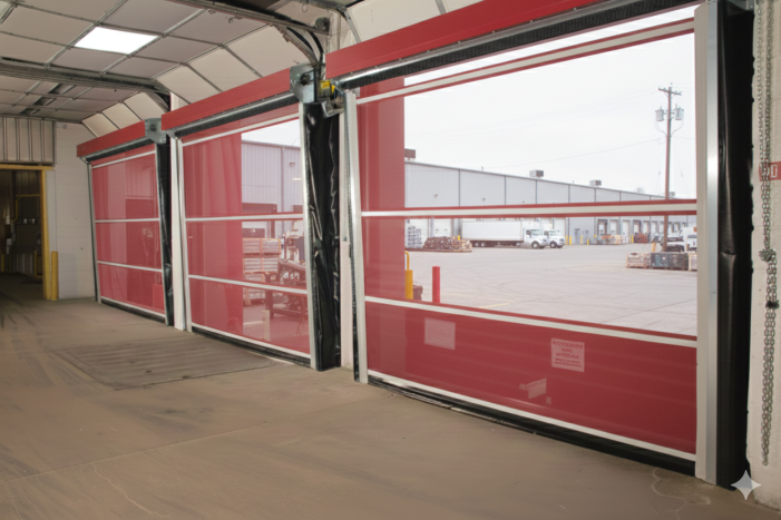 Red mesh industrial bug screens for commercial warehouse loading docks to maintain airflow and pest control.