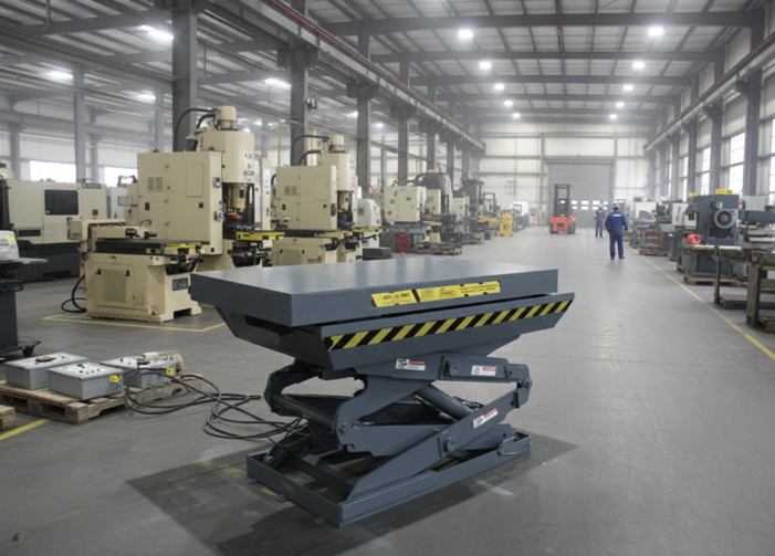 Heavy-duty industrial scissor lift tables for versatile material handling and ergonomic loading dock solutions in Ontario manufacturing plants.
