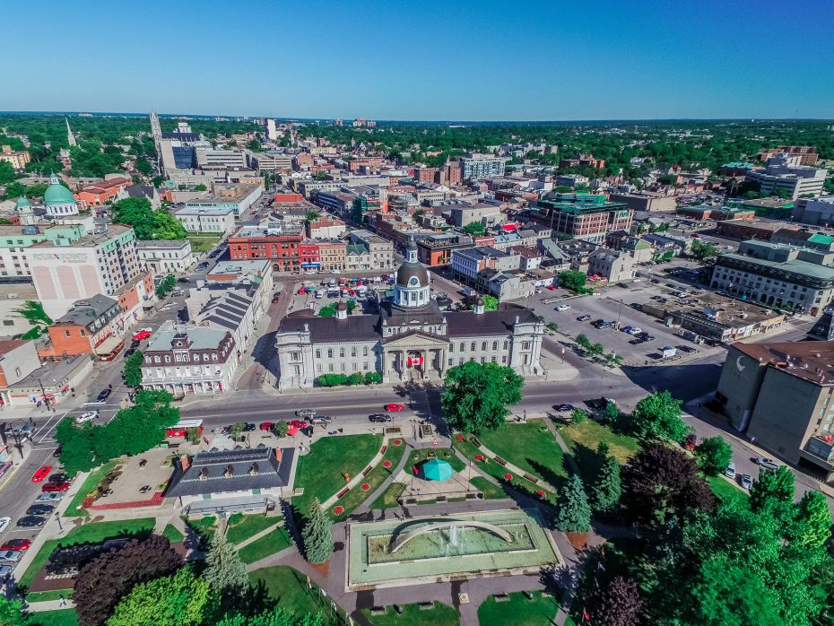 Aerial view of downtown Kingston, Ontario featuring City Hall, serving local residents with garage door services.