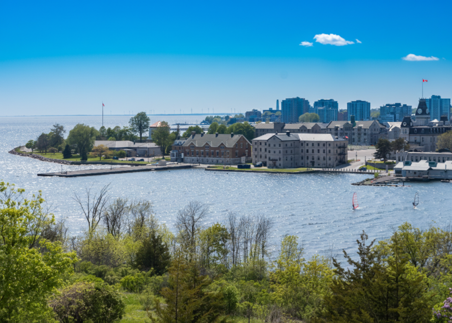 Scenic view of the Kingston waterfront on Lake Ontario near the downtown business district.