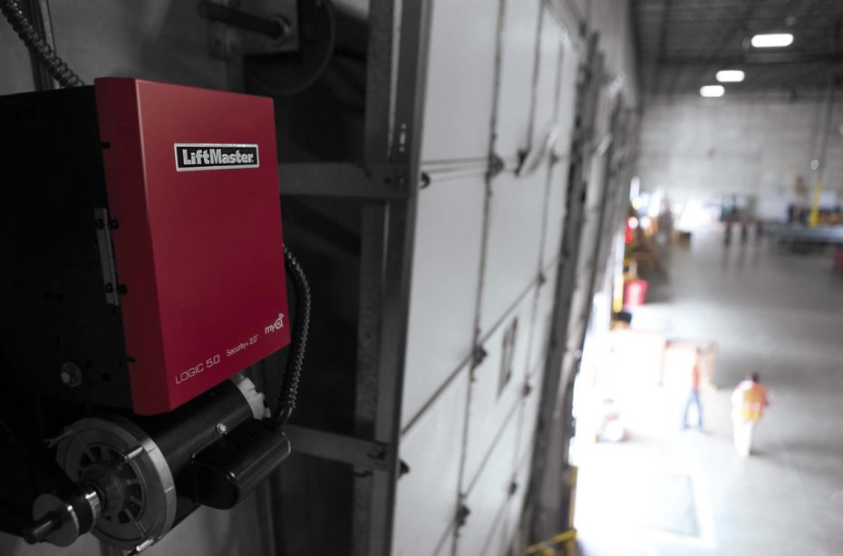 Close-up of a LiftMaster Maxum commercial jackshaft operator featuring a DC motor for quiet and efficient industrial operation.