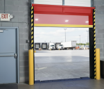 A red commercial loading dock bug screen partially retracted, showing a clear view of a shipping yard while maintaining facility hygiene.