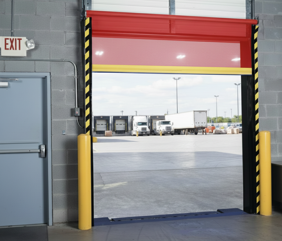 A red commercial loading dock bug screen partially retracted, showing a clear view of a shipping yard while maintaining facility hygiene.