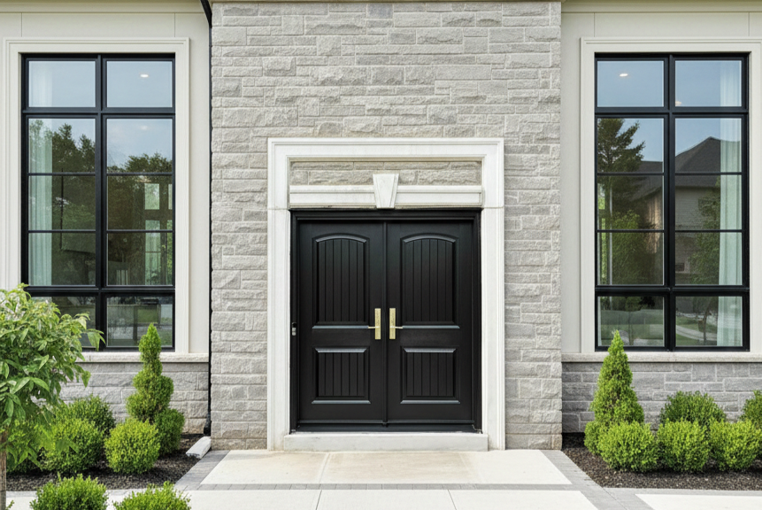 Luxury black double steel entry doors with gold handles installed in a modern stone-front house.