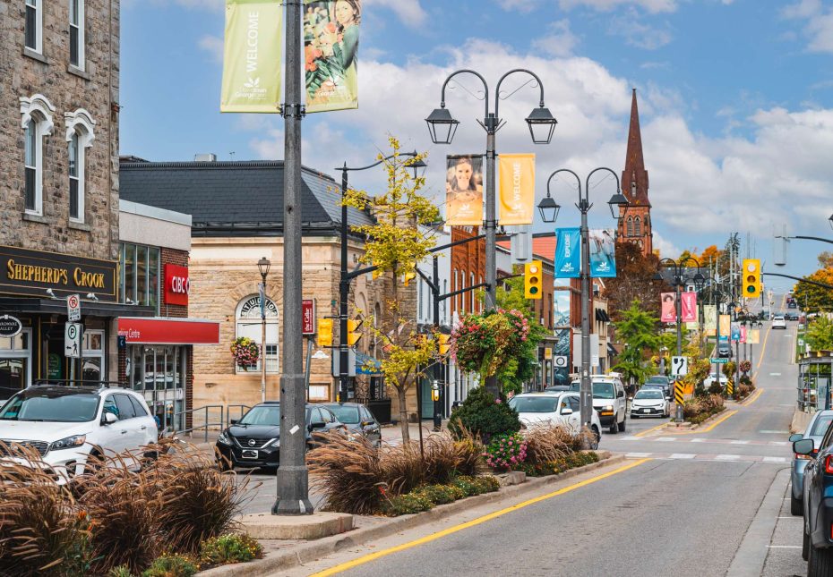 Sunny day on Main Street South in Georgetown Halton Hills featuring local businesses
