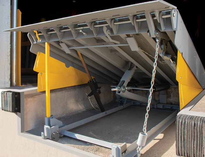 Reliable mechanical dock leveler with easy-pull chain operation, ideal for cost-effective shipping dock solutions in Toronto and the GTA.