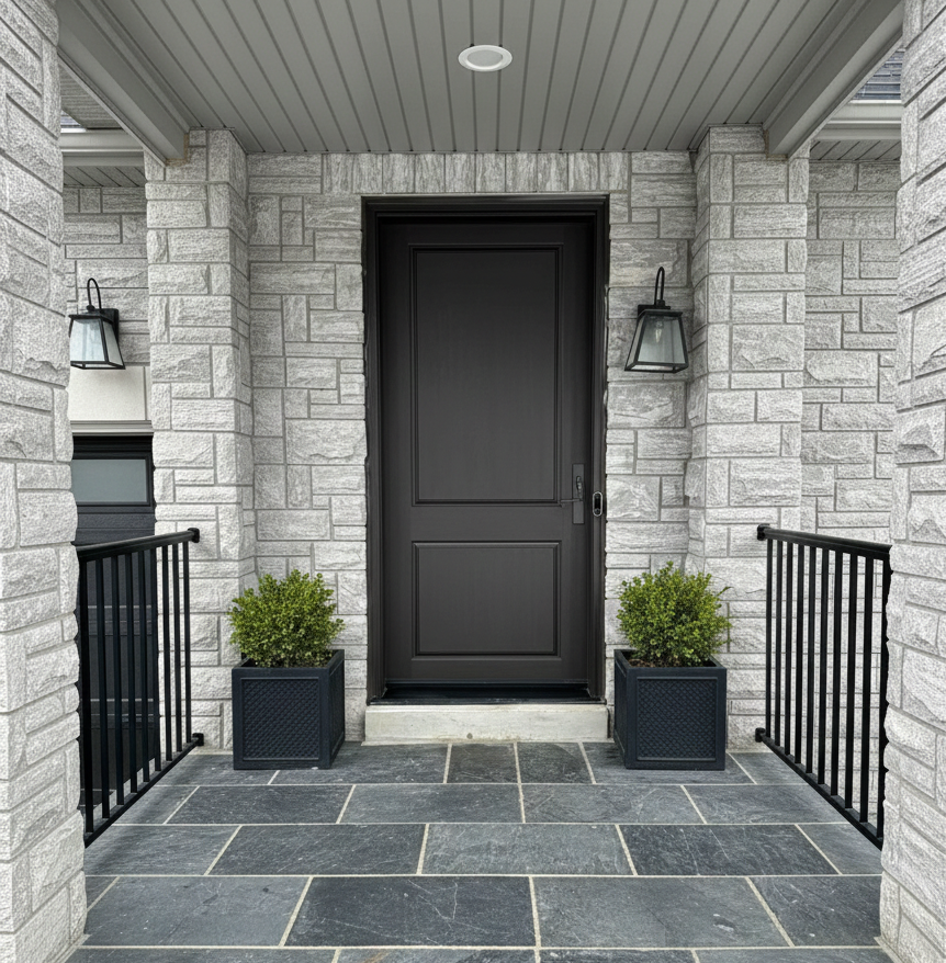 Modern black front entry door with minimalist panels installed on a grey stone house with slate tile porch and black planters.