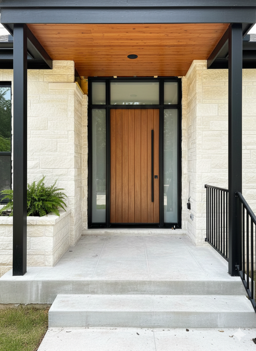 Vertical oak wood entry door with a long black pull bar handle and frosted glass sidelites.
