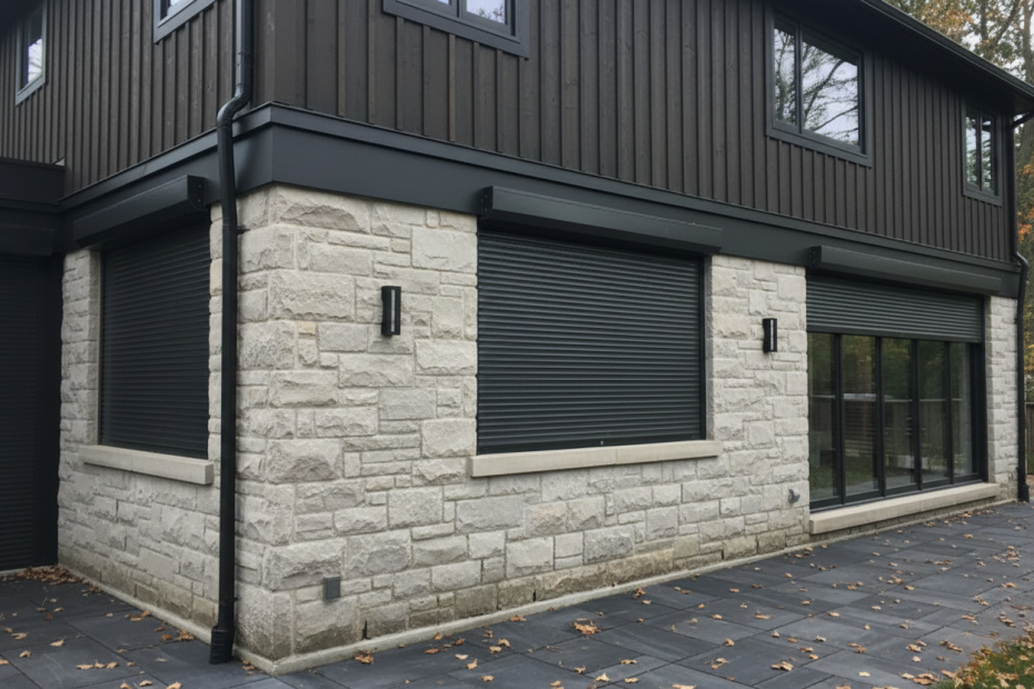 Sleek black security roll shutters installed on a modern stone and wood-sided home for maximum privacy and weather protection.