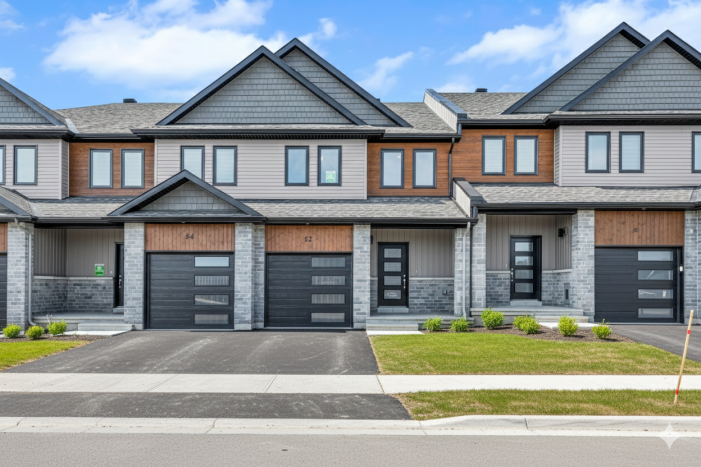 Row of modern townhomes featuring coordinated black front entry doors with glass lites and matching black garage doors with horizontal frosted glass windows for a uniform luxury look.