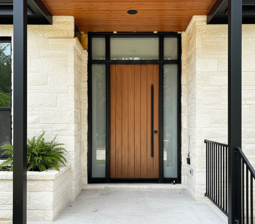 Modern wood-grain fiberglass entry door with a vertical black pull handle, frosted glass sidelights, and a matching transom window.