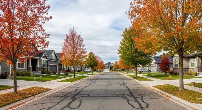 A quiet residential street in Woodbridge during autumn, showcasing high-quality garage doors on modern suburban homes.