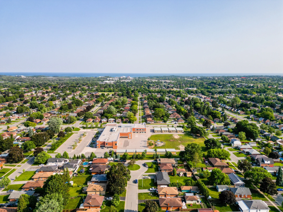 High-angle view of a residential Oshawa neighborhood where Dodds provides garage door services.