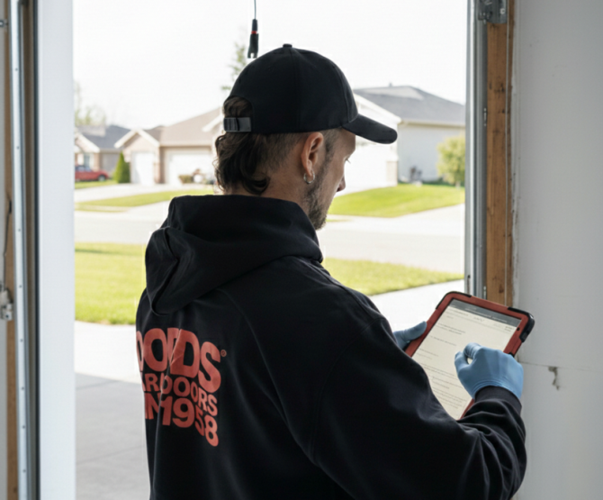 Dodds Garage Doors technician in a black branded hoodie using a digital tablet for a residential garage door inspection and maintenance service.