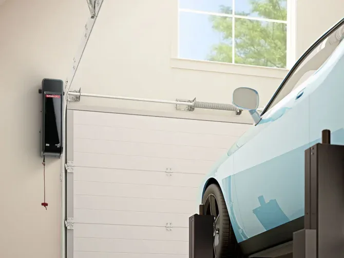 Residential LiftMaster 98022 side-mount opener installed in Ontario, providing a space-saving wall-mount design for high-ceiling garages.