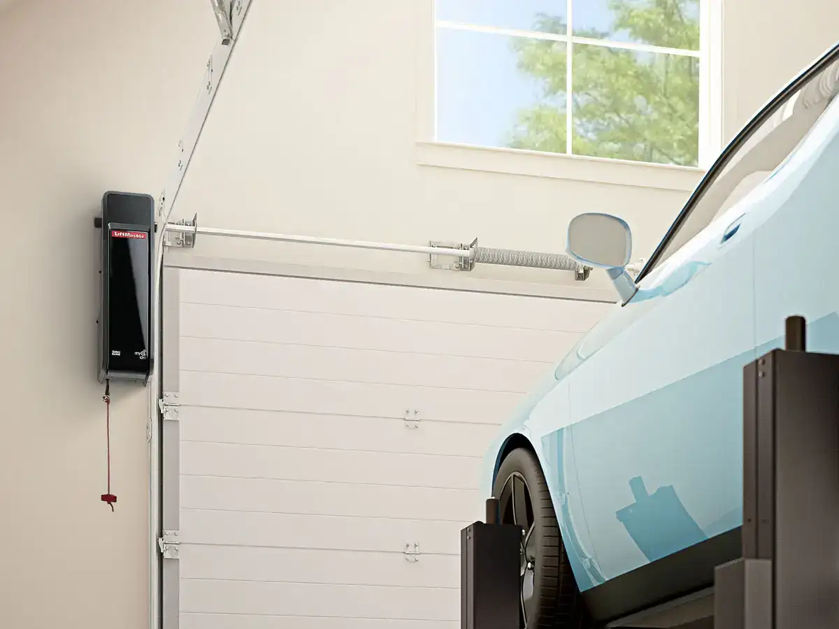 Residential LiftMaster 98022 side-mount opener installed in Ontario, providing a space-saving wall-mount design for high-ceiling garages.