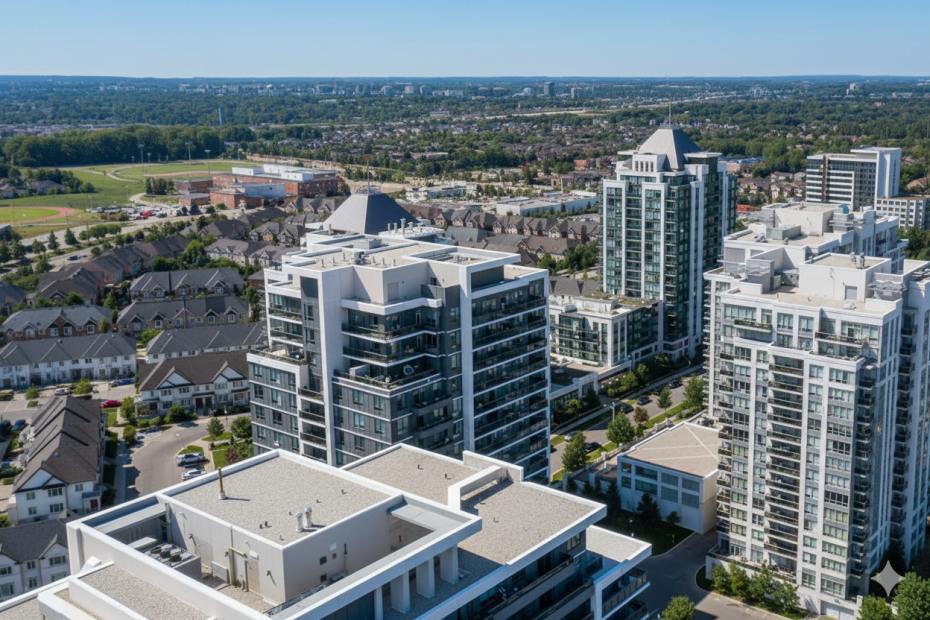 High-angle view of Thornhill condominiums and residential streets for local garage door repair services.