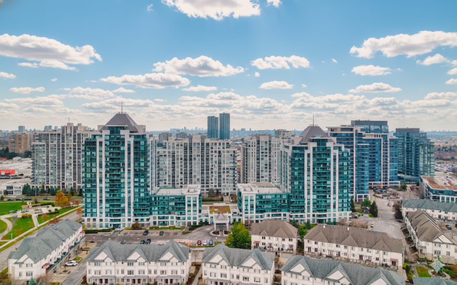 Aerial view of Thornhill skyline and residential townhomes serviced by Dodds Garage Doors.