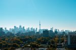 Silhouette of the Toronto skyline featuring the CN Tower over a lush residential canopy.