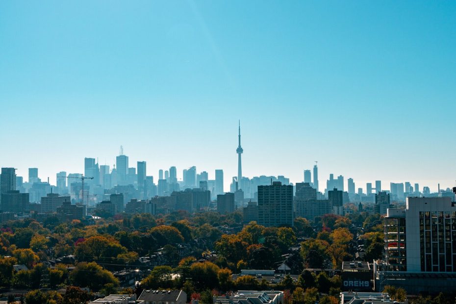 Silhouette of the Toronto skyline featuring the CN Tower over a lush residential canopy.