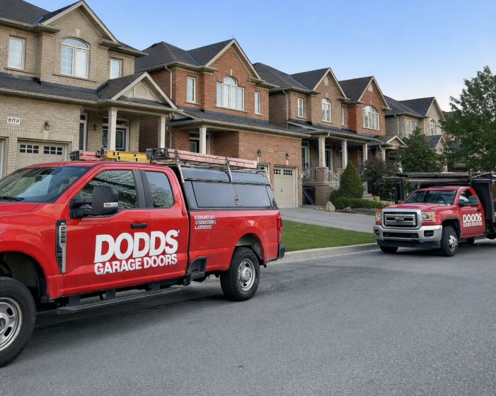 Red Dodds Garage Doors service trucks parked on a residential street ready for repair work.