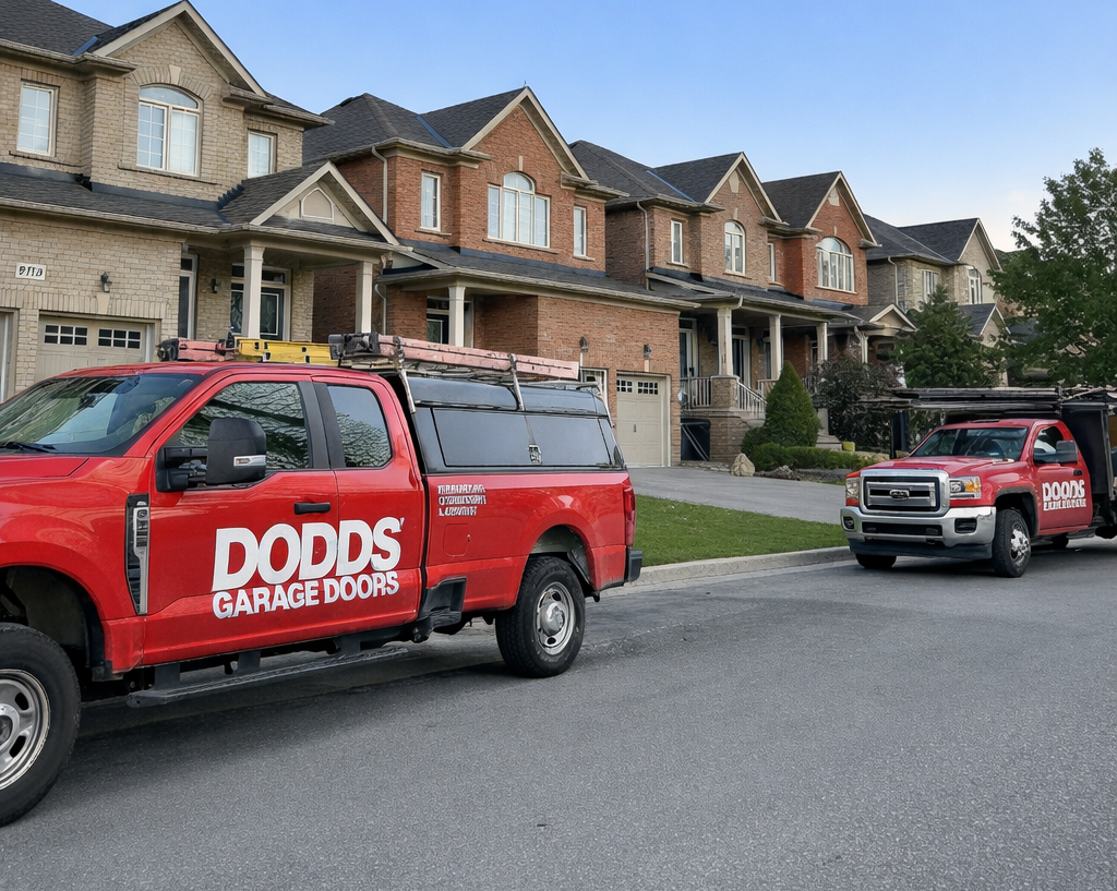 Red Dodds Garage Doors service trucks parked on a residential street ready for repair work.
