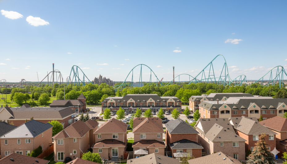 View of Maple residential area and local shops with the Canada’s Wonderland skyline, serviced by Dodds Garage Doors.
