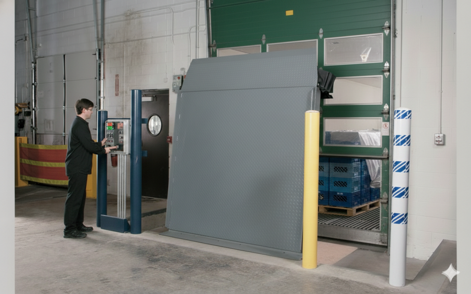 An operator using a wall-mounted control panel to safely deploy a vertical dock leveler for trailer loading at a distribution hub.