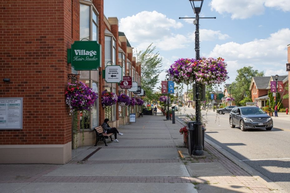 Street view of local businesses including Village Hair Studio in downtown Streetsville.