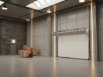 Interior view of a modern logistics warehouse showing a commercial air curtain over a loading bay door to prevent heat loss.