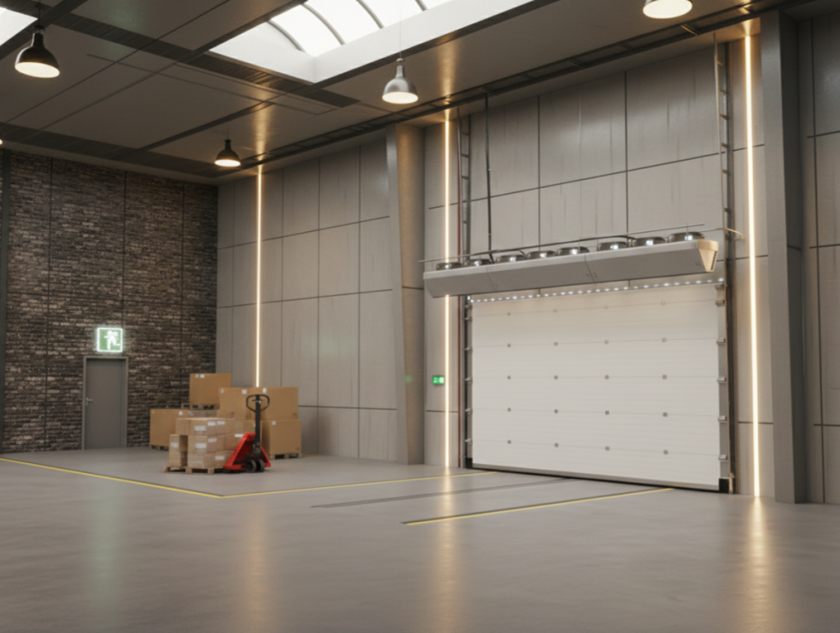 Interior view of a modern logistics warehouse showing a commercial air curtain over a loading bay door to prevent heat loss.
