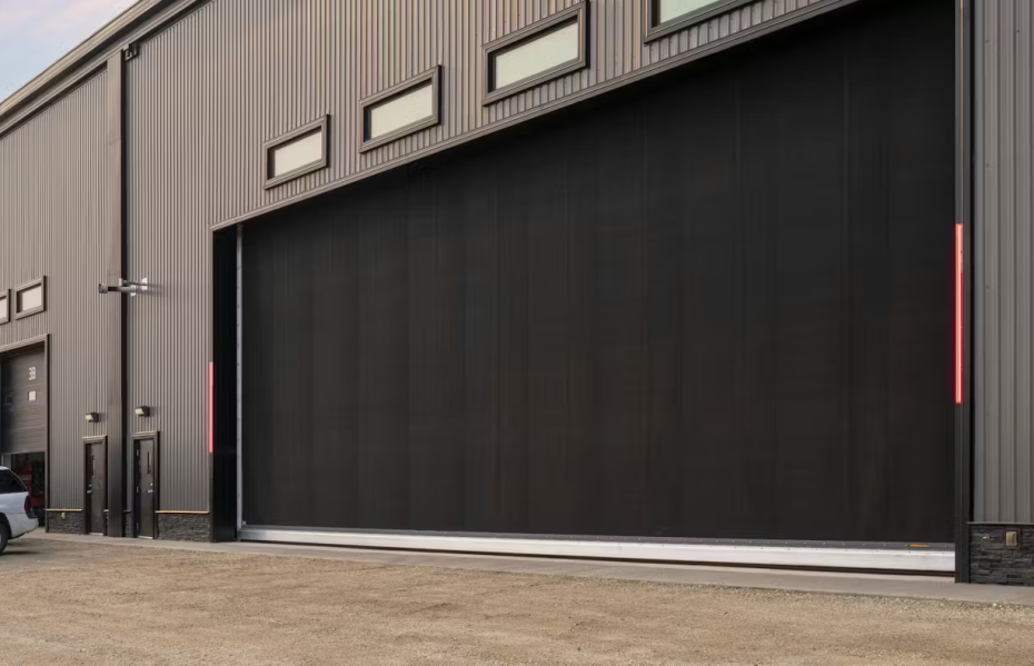 Weather-resistant high-speed rubber door providing superior seal and climate control for Southern Ontario commercial shipping docks.