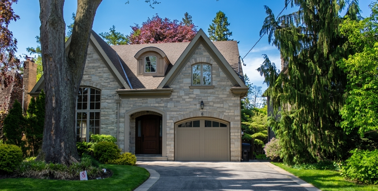 Full exterior view of a luxury stone house featuring a custom garage door installed by Dodds Garage Doors with a paved driveway.