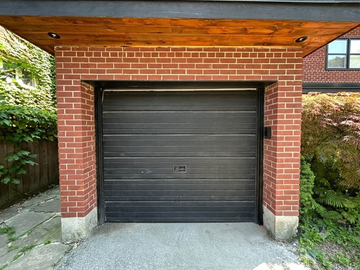 Old black sectional garage door on a modern brick home before a replacement in Toronto.