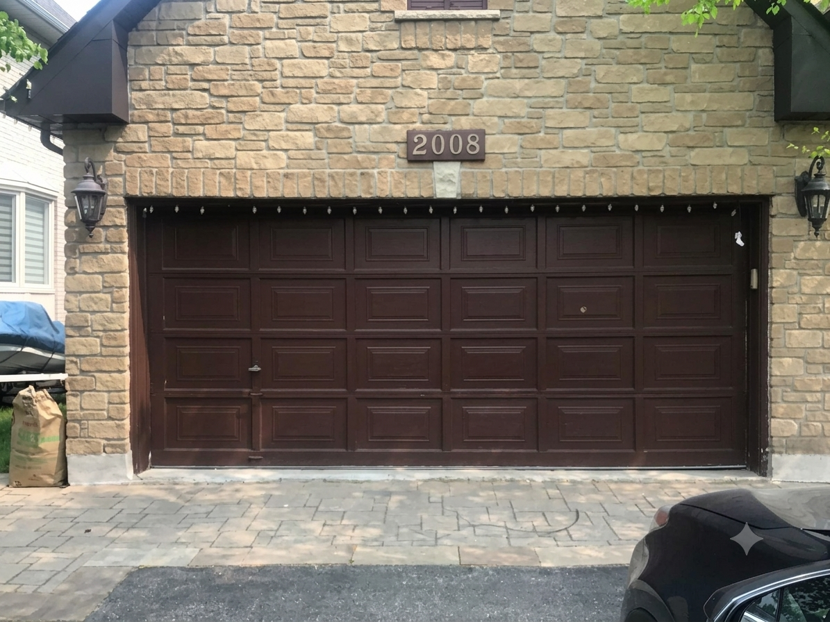 Traditional dark brown double garage door with raised panels on a stone house front.